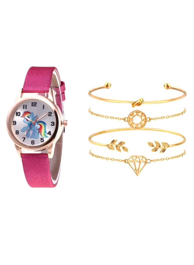 women 5-Piece Unicorn Printed Analog Watch And Bracelet Set 2260