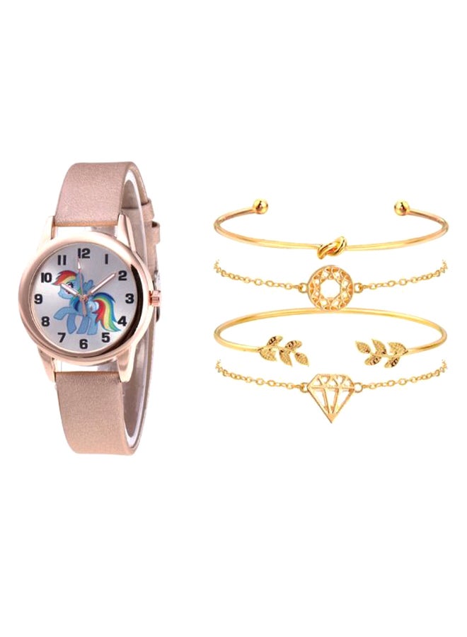 women 5-Piece Unicorn Printed Analog Watch And Bracelet Set 2257