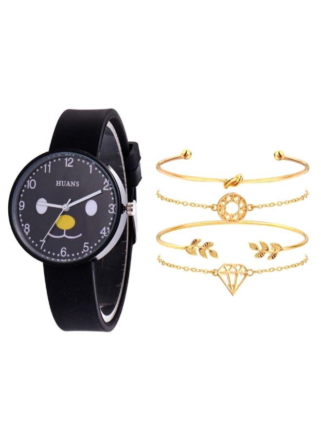 women 5-Piece Dog Pattern Analog Watch And Bracelet Set 2227