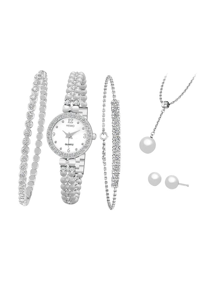 women 6- Piece Silver Plated Watch And Jewelry Set