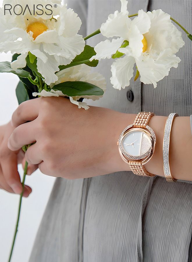 Women's Alloy Strap Bracelet Watch Analog Display Round Dial Quartz Watch with Bracelet Decorated with Rhinestones 2 Pieces Elegant Watch Set as Gift for Women