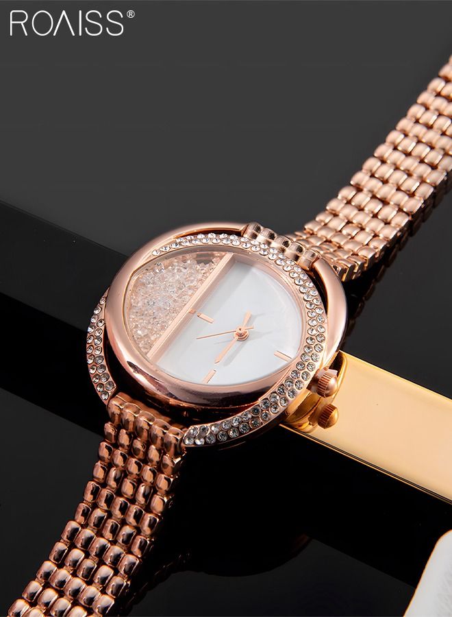 Women's Alloy Strap Bracelet Watch Analog Display Round Dial Quartz Watch with Bracelet Decorated with Rhinestones 2 Pieces Elegant Watch Set as Gift for Women