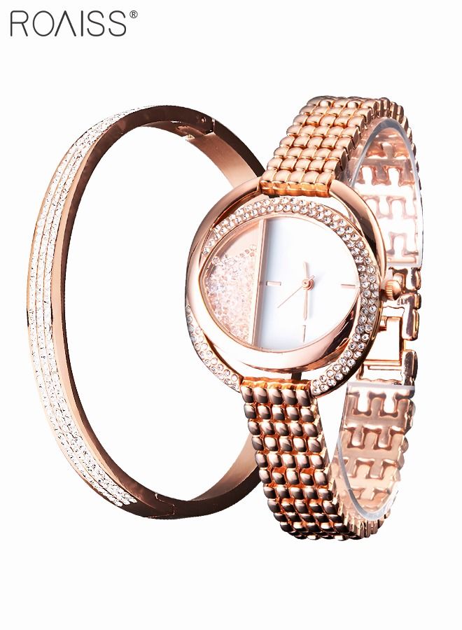 Women's Alloy Strap Bracelet Watch Analog Display Round Dial Quartz Watch with Bracelet Decorated with Rhinestones 2 Pieces Elegant Watch Set as Gift for Women