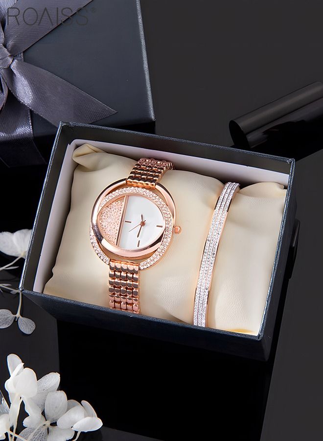 Women's Alloy Strap Bracelet Watch Analog Display Round Dial Quartz Watch with Bracelet Decorated with Rhinestones 2 Pieces Elegant Watch Set as Gift for Women