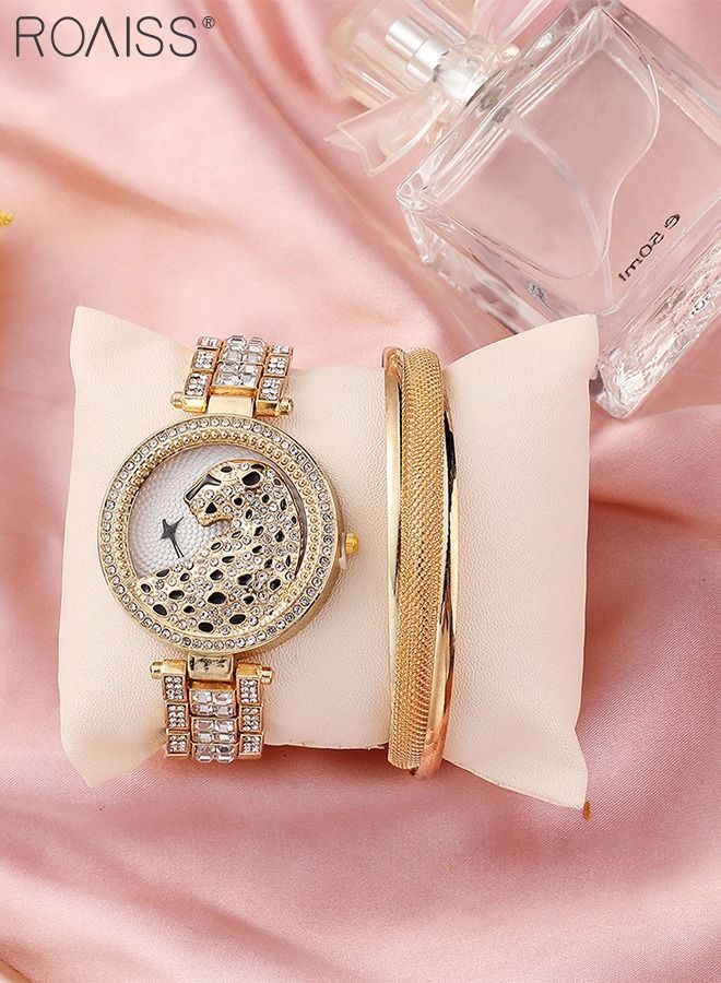 Women's Alloy Strap Bracelet Watch Analog Display Round Dial Quartz Watch with Leopard Head Pattern Decorated with Rhinestones 2 Pieces Luxurious Watch Set as Gift for Women