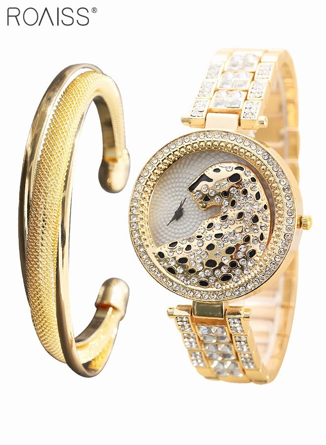 Women's Alloy Strap Bracelet Watch Analog Display Round Dial Quartz Watch with Leopard Head Pattern Decorated with Rhinestones 2 Pieces Luxurious Watch Set as Gift for Women