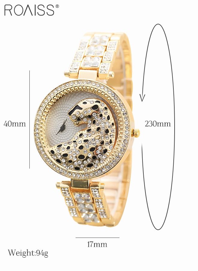 Women's Alloy Strap Bracelet Watch Analog Display Round Dial Quartz Watch with Leopard Head Pattern Decorated with Rhinestones 2 Pieces Luxurious Watch Set as Gift for Women