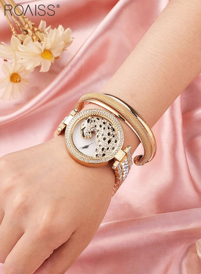 Women's Alloy Strap Bracelet Watch Analog Display Round Dial Quartz Watch with Leopard Head Pattern Decorated with Rhinestones 2 Pieces Luxurious Watch Set as Gift for Women