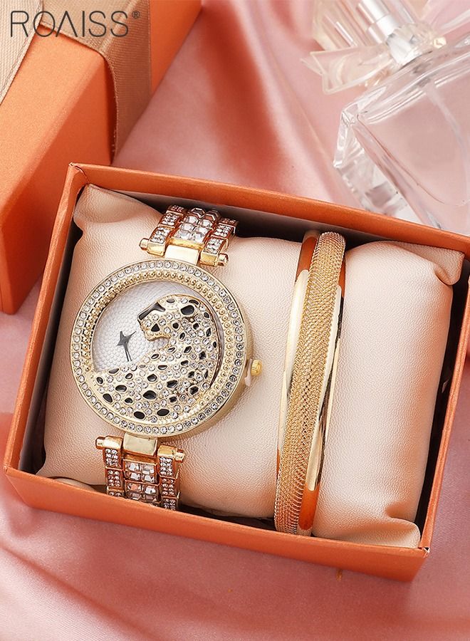 Women's Alloy Strap Bracelet Watch Analog Display Round Dial Quartz Watch with Leopard Head Pattern Decorated with Rhinestones 2 Pieces Luxurious Watch Set as Gift for Women