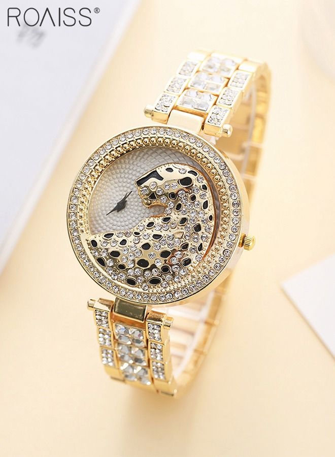 Women's Alloy Strap Bracelet Watch Analog Display Round Dial Quartz Watch with Leopard Head Pattern Decorated with Rhinestones 2 Pieces Luxurious Watch Set as Gift for Women