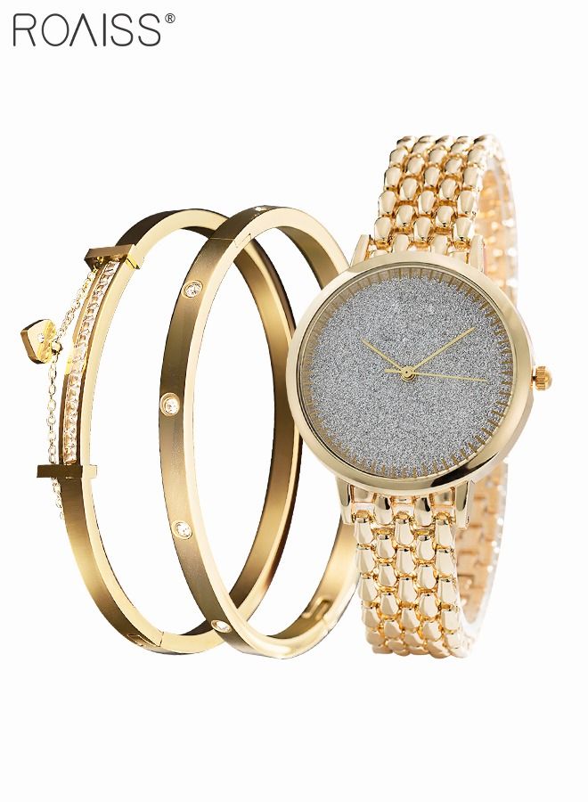 Women's Alloy Strap Bracelet Watch Analog Display Round Dial Quartz Watch with Bracelets and Rhinestones Decoration Elegant 3 Pieces Watch Set as Gift for Women