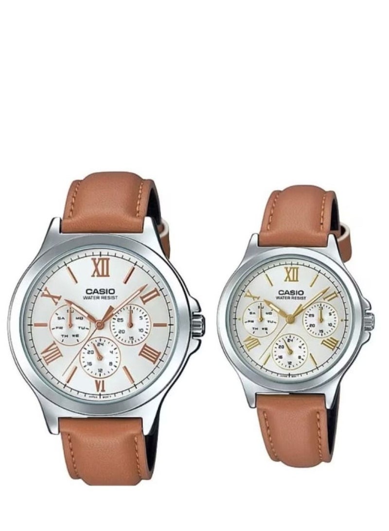 Casio Analog Multifuntion Brown Leather Band Couple Set Watch MTP/LTP-V300L-7A2