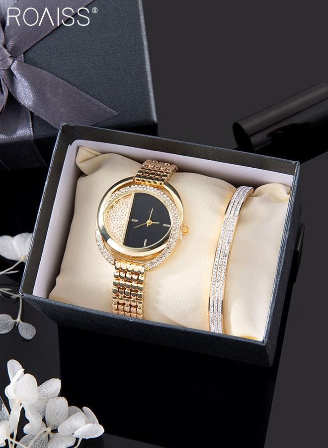 Alloy Strap Bracelet Watch for Women Analog Display Round Dial Quartz Watch with Bracelet Decorated with Rhinestones 2 Pieces Elegant Watch Set as Gift for Ladies Gold