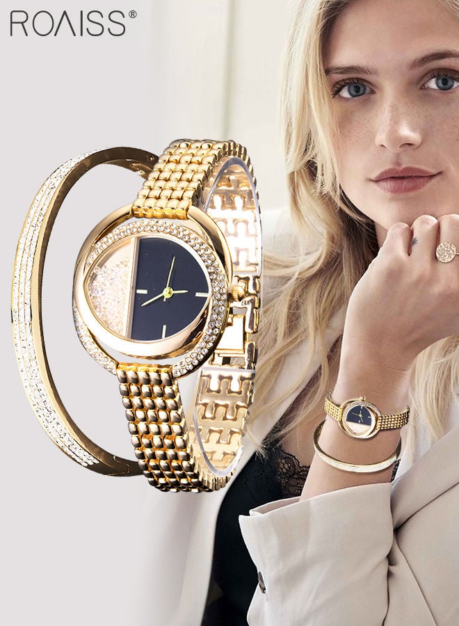 Alloy Strap Bracelet Watch for Women Analog Display Round Dial Quartz Watch with Bracelet Decorated with Rhinestones 2 Pieces Elegant Watch Set as Gift for Ladies Gold