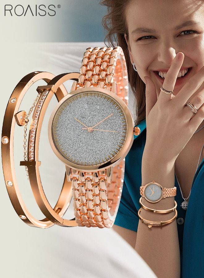 Women's Alloy Strap Bracelet Watch Analog Display Round Dial Quartz Watch with Bracelets and Rhinestones Decoration Elegant 3 Pieces Watch Set as Gift for Women Rose Gold