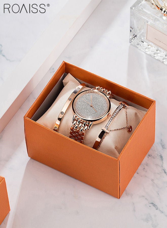 Women's Alloy Strap Bracelet Watch Analog Display Round Dial Quartz Watch with Bracelets and Rhinestones Decoration Elegant 3 Pieces Watch Set as Gift for Women Rose Gold