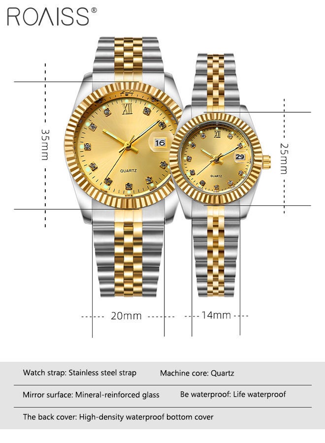 Stainless Steel Strap Couple Quartz Watch Set, Analog Display Round Dial with Rhinestones Decoration, Luxurious Luminous Waterproof Calendar Watch Gift for Men Women, Gold Silver