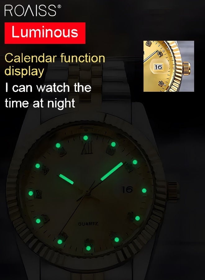 Stainless Steel Strap Couple Quartz Watch Set, Analog Display Round Dial with Rhinestones Decoration, Luxurious Luminous Waterproof Calendar Watch Gift for Men Women, Gold Silver