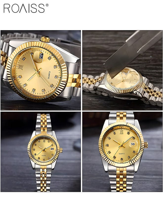 Stainless Steel Strap Couple Quartz Watch Set, Analog Display Round Dial with Rhinestones Decoration, Luxurious Luminous Waterproof Calendar Watch Gift for Men Women, Gold Silver