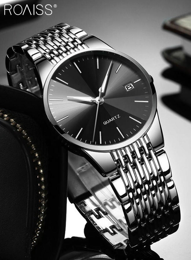 Alloy Strap Couple Quartz Watch Set, Analog Display Round Dial, Luxurious Luminous Waterproof Calendar Watch Gift for Men Women, Black