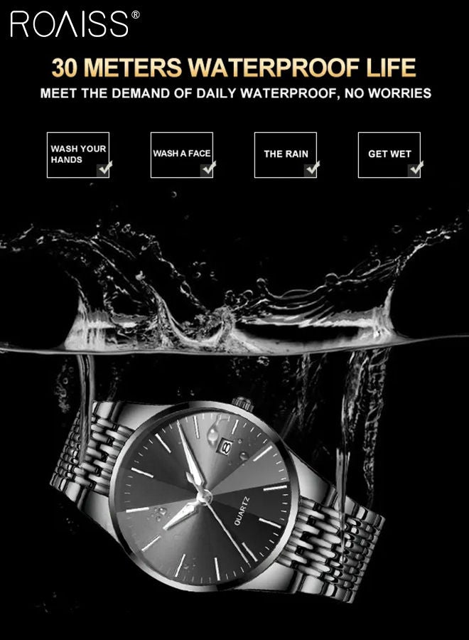 Alloy Strap Couple Quartz Watch Set, Analog Display Round Dial, Luxurious Luminous Waterproof Calendar Watch Gift for Men Women, Black