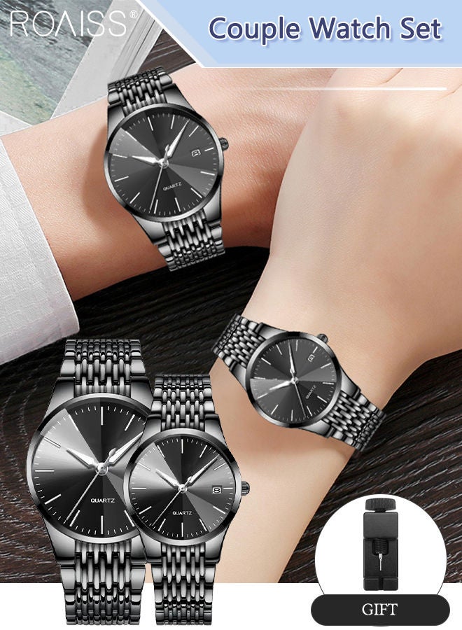 Alloy Strap Couple Quartz Watch Set, Analog Display Round Dial, Luxurious Luminous Waterproof Calendar Watch Gift for Men Women, Black