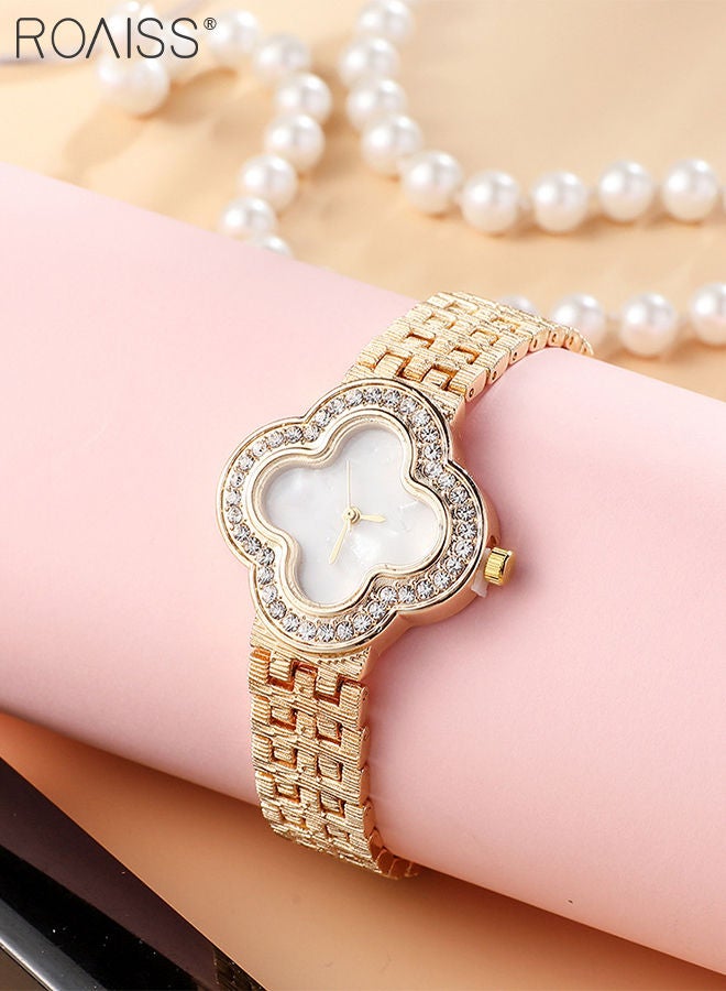 2PCS Women's Alloy Strap Bracelet Watch Set Analog Display Flower Dial Quartz Watch with Heart Bracelet Decorated with Pearl Elegant Watch Set as Gift for Ladies