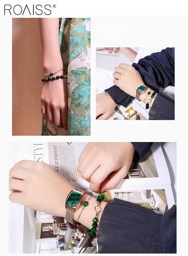 3PCS Women's Alloy Strap Bracelet Watch Set Analog Display Rectangle Dial Quartz Watch with Green Beaded Bracelets Elegant Watch Set as Gift for Ladies