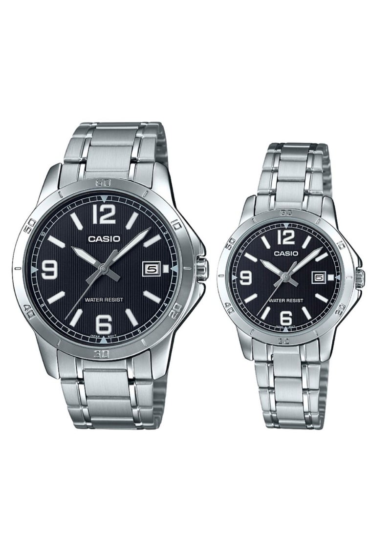 Analog Black Dial Stainless Steel Band Couple Watch Set MTP/LTP-V004D-1B2