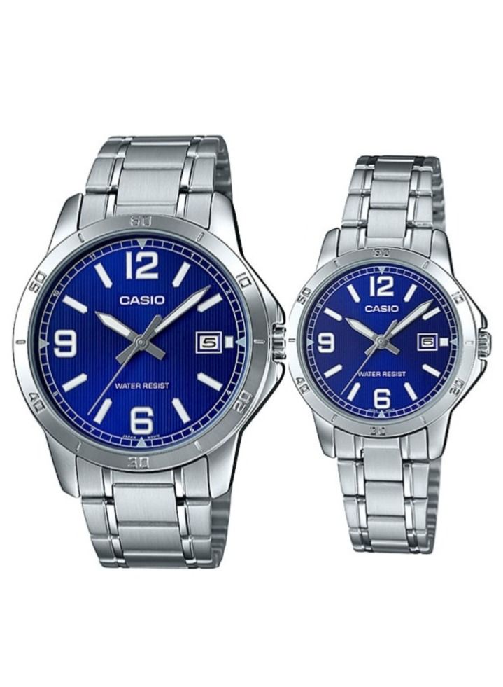 Analog Blue Dial Stainless Steel Band Couple Watch Set MTP/LTP-V004D-2b