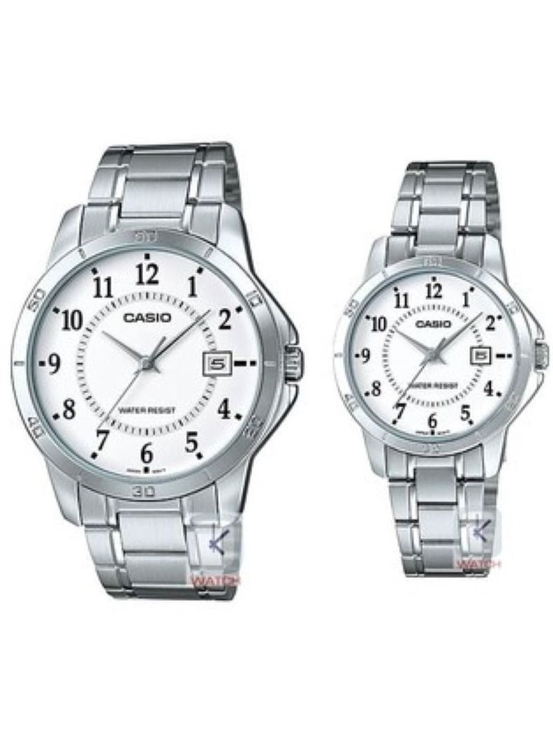 Analog White Dial Stainless Steel Band Couple Watch Set MTP/LTP-V004D-7B