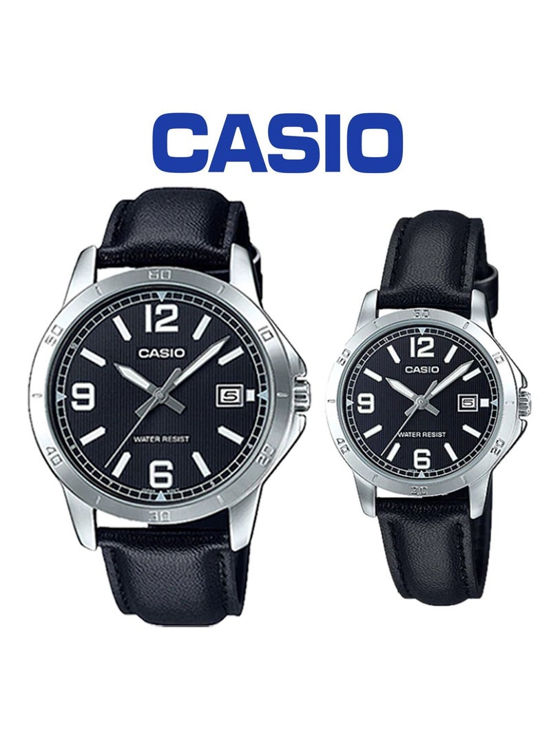 Casio Analog Black Leather Band Couple Watch Set MTP/LTP-V004L-1B