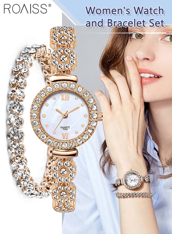 2PCS Women's Alloy Strap Bracelet Watch Set Analog Display Round Dial Quartz Watch with Heart Bracelet Decorated with Rhinestones Elegant Watch Set as Gift for Ladies Rose Gold