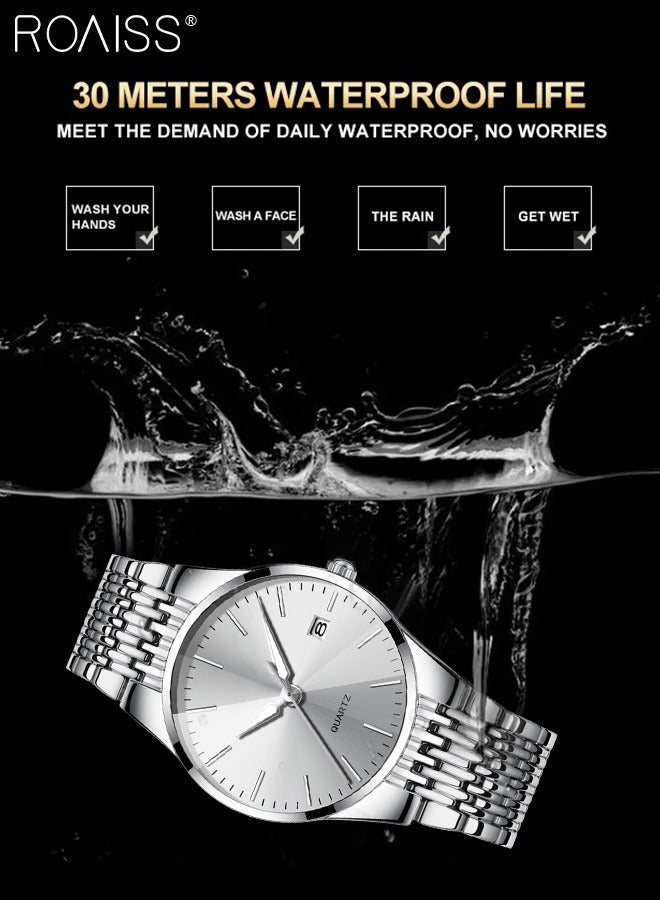 Alloy Strap Couple Quartz Watch Set, Analog Display Round Dial, Luxurious Luminous Waterproof Calendar Watch Gift for Men Women, Silver