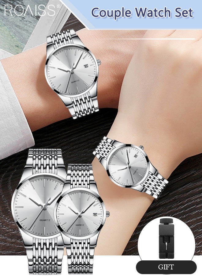 Alloy Strap Couple Quartz Watch Set, Analog Display Round Dial, Luxurious Luminous Waterproof Calendar Watch Gift for Men Women, Silver