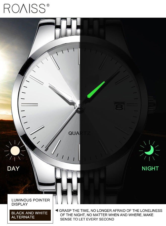 Alloy Strap Couple Quartz Watch Set, Analog Display Round Dial, Luxurious Luminous Waterproof Calendar Watch Gift for Men Women, Silver