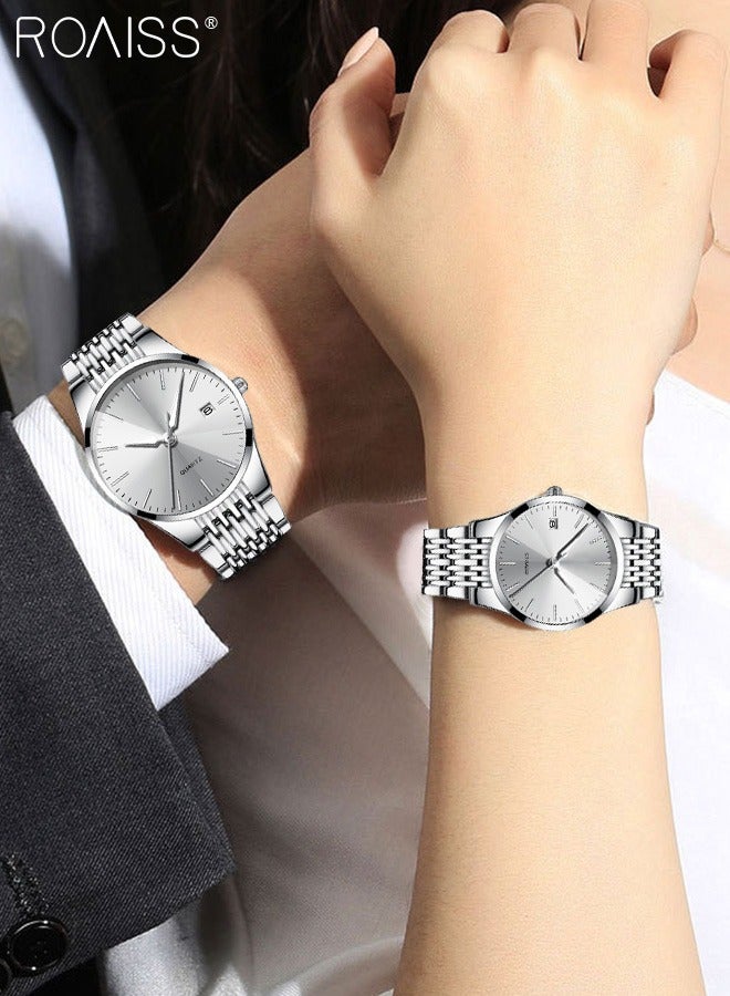 Alloy Strap Couple Quartz Watch Set, Analog Display Round Dial, Luxurious Luminous Waterproof Calendar Watch Gift for Men Women, Silver