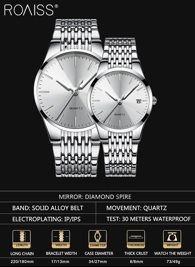 Alloy Strap Couple Quartz Watch Set, Analog Display Round Dial, Luxurious Luminous Waterproof Calendar Watch Gift for Men Women, Silver