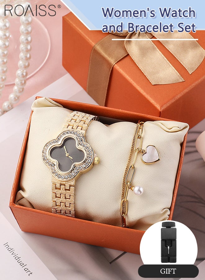 2PCS Women's Alloy Strap Bracelet Watch Set Analog Display Flower Dial Quartz Watch with Heart Bracelet Decorated with Pearl Elegant Watch Set as Gift for Ladies