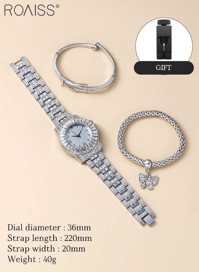 3PCS Women's Steel Strap Bracelet Watch Set, Analog Display Round Dial Quartz Watch with Bracelets and Rhinestones Decoration, Luxurious Watch as Gift for Women, Silver