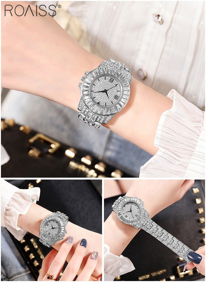 3PCS Women's Steel Strap Bracelet Watch Set, Analog Display Round Dial Quartz Watch with Bracelets and Rhinestones Decoration, Luxurious Watch as Gift for Women, Silver