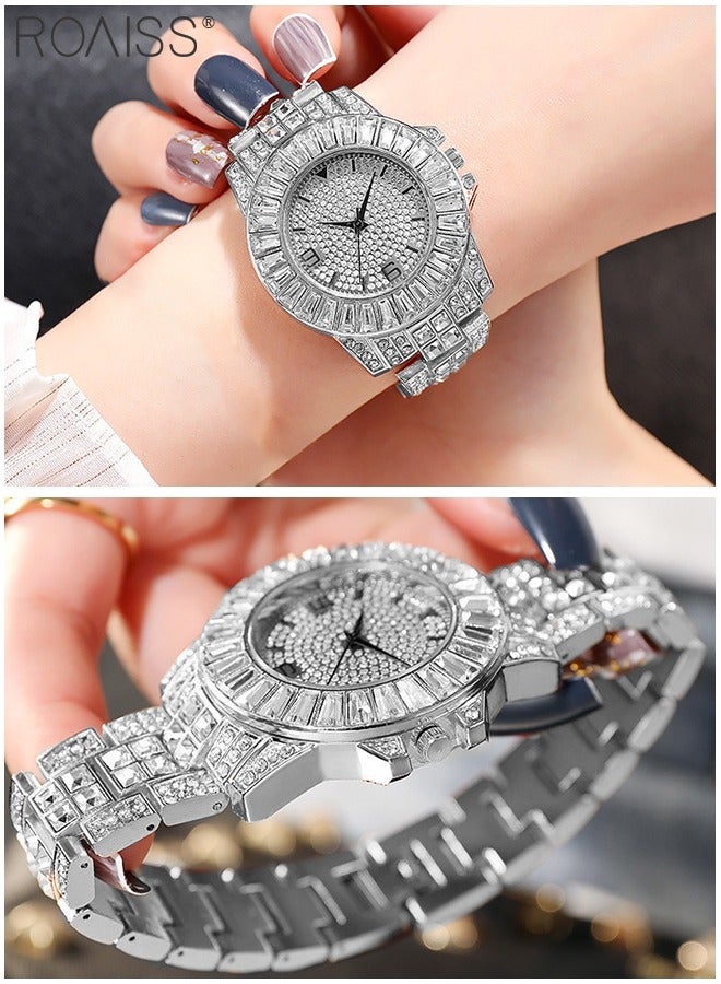 3PCS Women's Steel Strap Bracelet Watch Set, Analog Display Round Dial Quartz Watch with Bracelets and Rhinestones Decoration, Luxurious Watch as Gift for Women, Silver