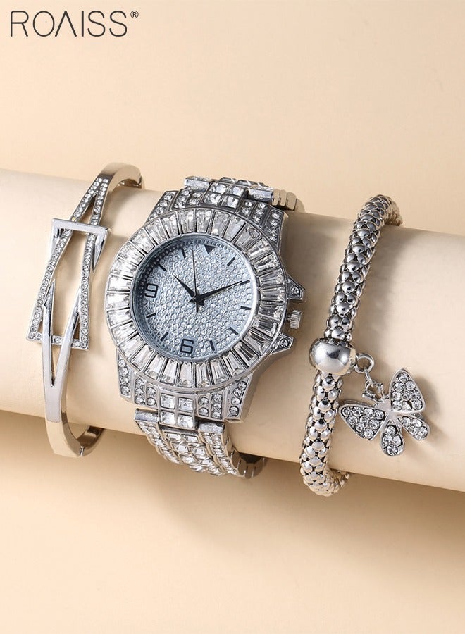 3PCS Women's Steel Strap Bracelet Watch Set, Analog Display Round Dial Quartz Watch with Bracelets and Rhinestones Decoration, Luxurious Watch as Gift for Women, Silver