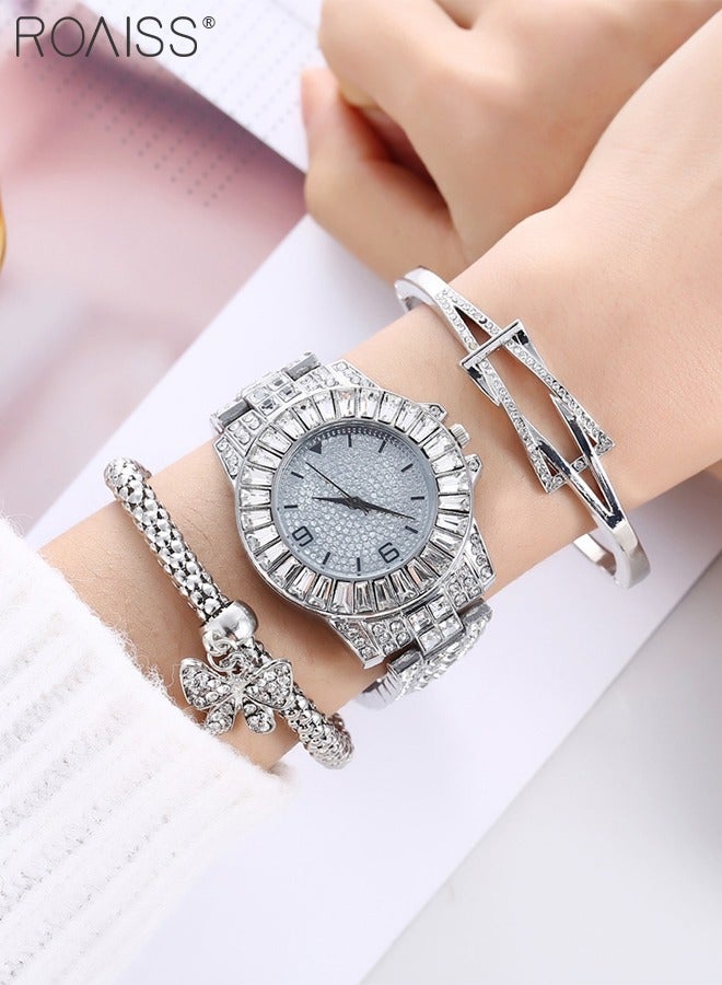 3PCS Women's Steel Strap Bracelet Watch Set, Analog Display Round Dial Quartz Watch with Bracelets and Rhinestones Decoration, Luxurious Watch as Gift for Women, Silver