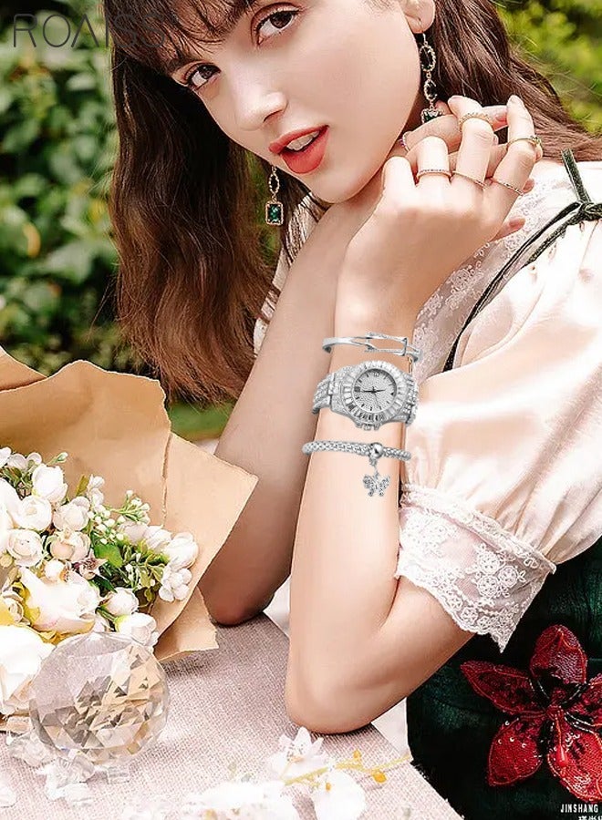 3PCS Women's Steel Strap Bracelet Watch Set, Analog Display Round Dial Quartz Watch with Bracelets and Rhinestones Decoration, Luxurious Watch as Gift for Women, Silver