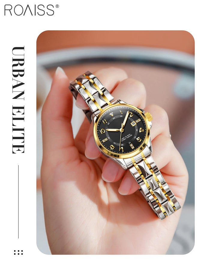 Stainless Steel Strap Couple Quartz Watch Set, Analog Display Round Dial with Rhinestones Decoration, Luxurious Luminous Waterproof Calendar Watch Gift for Men Women, Black