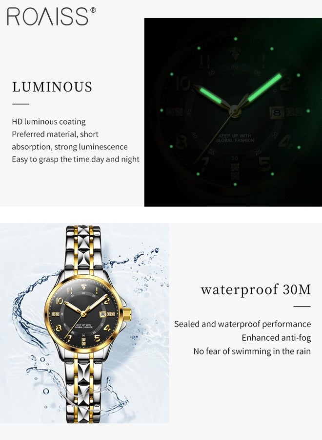 Stainless Steel Strap Couple Quartz Watch Set, Analog Display Round Dial with Rhinestones Decoration, Luxurious Luminous Waterproof Calendar Watch Gift for Men Women, Black