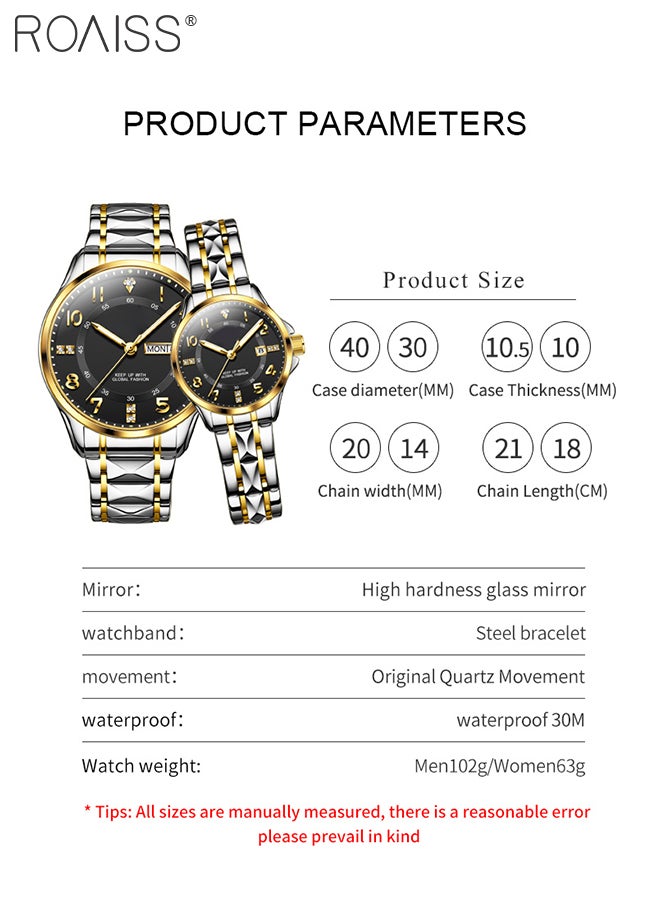 Stainless Steel Strap Couple Quartz Watch Set, Analog Display Round Dial with Rhinestones Decoration, Luxurious Luminous Waterproof Calendar Watch Gift for Men Women, Black