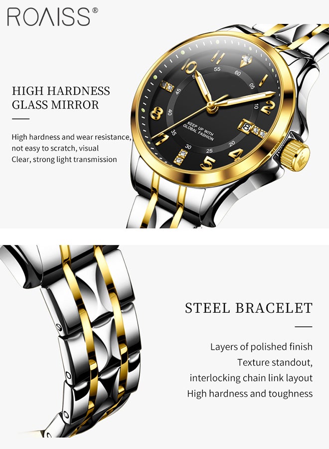 Stainless Steel Strap Couple Quartz Watch Set, Analog Display Round Dial with Rhinestones Decoration, Luxurious Luminous Waterproof Calendar Watch Gift for Men Women, Black