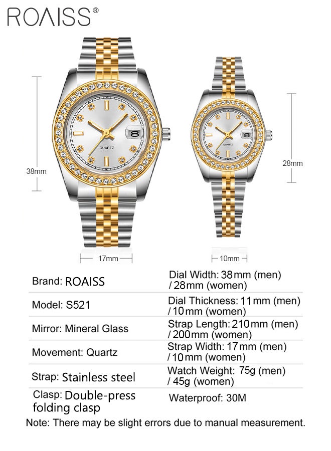 Stainless Steel Strap Couple Quartz Watch Set, Analog Display Round Dial with Rhinestones-Set Bezel, Luxurious Luminous Waterproof Calendar Watch Gift for Men Women